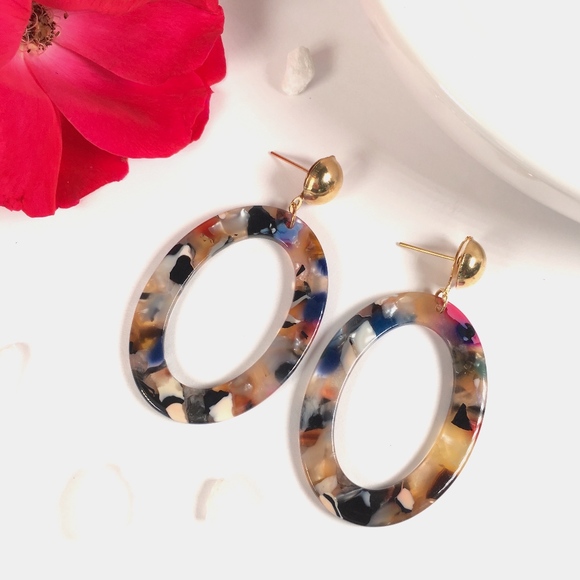Oval Resin Tortoise Shell Dangle Earrings - Picture 2 of 4